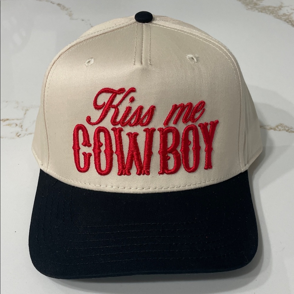 NWT KISS ME COWBOY Cream, Black, and red Embroidered Hat